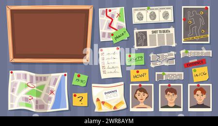 Cartoon detective board elements. Investigation clues and evidence maps, fingerprint records, suspect photos and notes for cork board vector Stock Vector