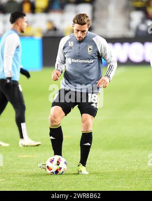 Columbus, Ohio, USA. 9th Mar, 2024. Columbus Crew defender Malte Amundsen (18) handles the ball during warm ups before their match in Columbus, Ohio. Brent Clark/Cal Sport Media/Alamy Live News Stock Photo