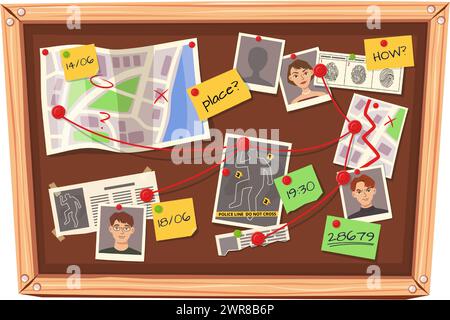 Detective board. Mystery investigation cork board with clues, marked ...