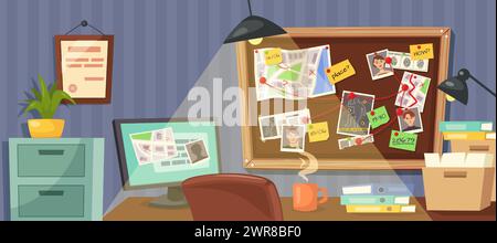 Private detective workplace. Office scene with investigation board, desk cluttered with evidence files cartoon vector illustration Stock Vector