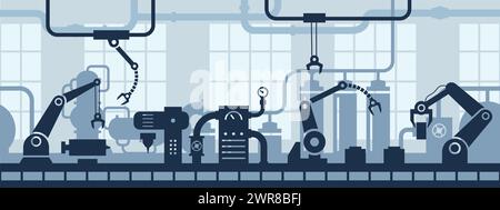 Industrial factory interior. Industry 4.0 assembly line, conveyor belt with robotic arms and machinery vector seamless background illustration Stock Vector