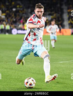 Columbus, Ohio, USA. 9th Mar, 2024. Chicago Fire FC Hugo Cuypers (9) shoots the ball against the Columbus Crew in their match in Columbus, Ohio. Brent Clark/Cal Sport Media/Alamy Live News Stock Photo