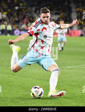 Columbus, Ohio, USA. 9th Mar, 2024. Chicago Fire FC Hugo Cuypers (9) shoots the ball against the Columbus Crew in their match in Columbus, Ohio. Brent Clark/Cal Sport Media/Alamy Live News Stock Photo