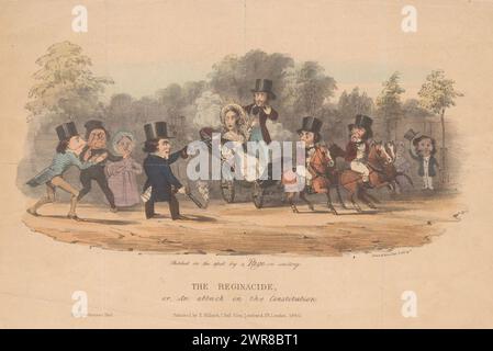 Attack on Queen Victoria, 1840, The Reginacide, or, An attack on the Constitution (title on object), Attack on Queen Victoria, June 10, 1840. The attacker Edward Oxford fires his pistols at the queen who is taking a ride in an open carriage. Historical event in the style of a cartoon., print maker: Dean & Munday, publisher: H. Hilliard, print maker: England, publisher: London, 1840, paper, height 211 mm × width 338 mm, print Stock Photo