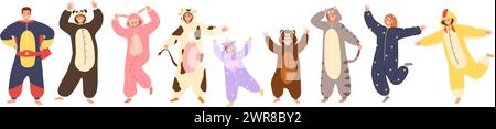 Cartoon pajamas characters. Funny animal onesies, colorful kigurumi for costume party or sleepover vector illustration set Stock Vector