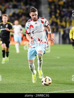 Columbus, Ohio, USA. 9th Mar, 2024. Chicago Fire FC Hugo Cuypers (9) handles the ball against the Columbus Crew in their match in Columbus, Ohio. Brent Clark/Cal Sport Media/Alamy Live News Stock Photo