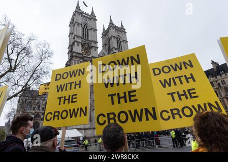 London, UK. 11 March, 2024. Member of anti-monarchy campaign group Republic protest outside Westminster Abbey as politicians and members of the Royal Family attend the Commonwealth Day Service. Credit: Ron Fassbender/Alamy Live News Stock Photo