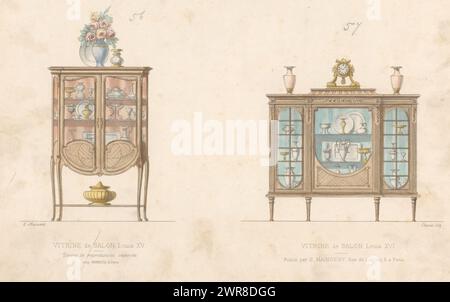 Two display cabinets, Vitrine de salon, Louis XV / Vitrine de salon, Louis XVI (title on object), L'ameublement / Collection Simple (series title on object), Two display cabinets in the styles of Louis Print from 289th Livraison., print maker: Chanat, printer: Monrocq, publisher: Eugène Maincent, Paris, 1885 - 1895, paper, height 278 mm × width 359 mm, print Stock Photo