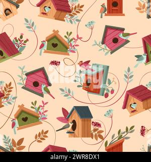 Cartoon bird houses pattern. Wooden bird homes with chirping birds and lush botanicals seamless vector background illustration Stock Vector