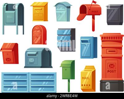 Cartoon postal mailboxes. Traditional curbside mailbox, wall mounted, European pillar, apartment mail slots and public street letterboxes isolated Stock Vector