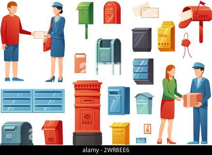 Cartoon postman and mail. Postal service and classic mailboxes, delivery service isolated vector illustration set Stock Vector