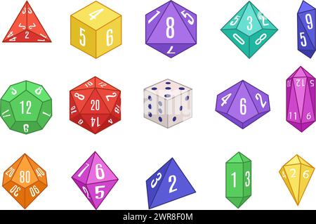 Board game dices. Various dice set for tabletop role playing games, geometric multi-sided dice isolated vector illustration set Stock Vector