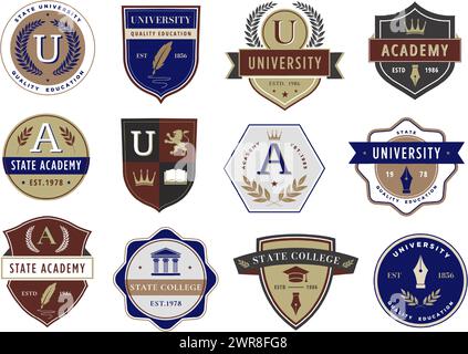 Education emblem. Academic institution badges for university, academy, and college crests with classic designs vector set Stock Vector