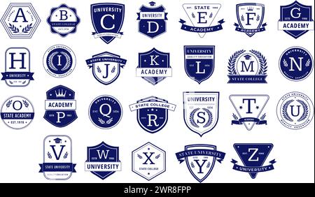 Education monogram. Alphabetical elegant academic crests, letter badge template for university, college or academy team isolated vector set Stock Vector