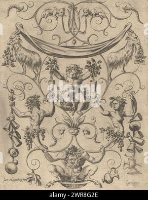 Autumn, Lautomne (title on object), Four seasons in ornament (series title), Autumn. In the center a Bacchus child pressing bunches of grapes above chalices held up by female half-figures with festoons of drinking cups. Above two goats, below a vomiting satyr squats in a bowl. Part of a series of ornamental prints of the four seasons., print maker: Jean Hogenberg, print maker: Marc Duval, France, c. 1550 - c. 1580, paper, etching, engraving, height 183 mm × width 145 mm, print Stock Photo