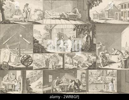 Abraham, Sarah and Hagar, surrounded by various representations, Encyclopedic representations for youth (series title), Bilder-Akademie für die Jugend (series title), Various representations contained in frames, with central scenes with Abraham, Sara and Hagar in three sections, surrounded by other performances. Numbered bottom center: 7., print maker: Benjamin Glassbach, print maker: Carl Christian Glassbach, after drawing by: Daniel Nikolaus Chodowiecki, 1784, paper, engraving, etching, height 209 mm × width 280 mm, print Stock Photo