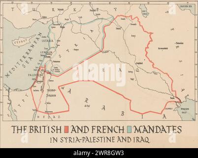 Map of the British and French Mandates in Syria-Palestine and Iraq, The British and French Mandates in Syria-Palestine and Iraq (title on object), print maker: anonymous, 1900 - 1930, paper, height 216 mm × width 302 mm, print Stock Photo
