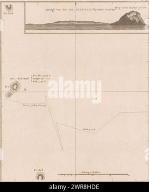 Map of and view of the island of Iwo Jima off the Japanese coast, numbered top right: 50., print maker: anonymous, publisher: Abraham Honkoop (II), publisher: Johannes Allart, publisher: Leiden, publisher: Amsterdam, publisher: The Hague, 1803, paper, etching, height 271 mm × width 224 mm, print Stock Photo