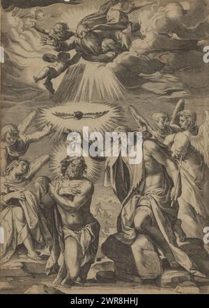 Baptism of Christ in the Jordan, Christ stands with his feet in the water of the river, his hands folded in front of his chest. John the Baptist pours water on his head. Above him the Holy Spirit in the form of a dove and God as an old man, with angels in a luminous cloud. Four angels watch., print maker: Johannes Sadeler, (possibly), print maker: anonymous, (possibly), after print by: Cornelis Cort, in or after 1575 - 1650, paper, engraving, height 283 mm × width 202 mm, print Stock Photo
