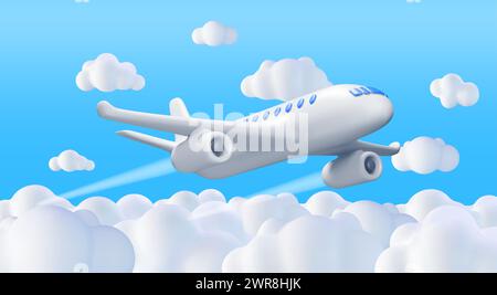 3D White Realistic Airplane in Clouds Stock Vector