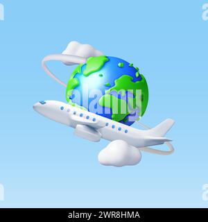 3D Airplane in Clouds and Globe Isolated Stock Vector