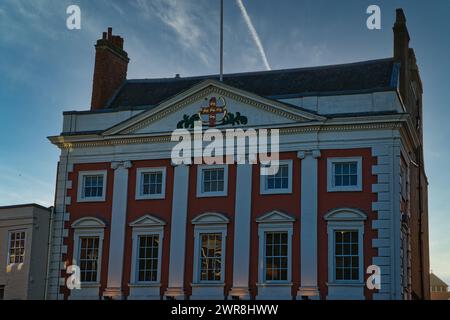 Classic red and white building facade with clear blue sky at dusk in York, UK. Stock Photo