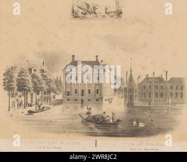 View of the Mauritshuis and the Hofvijver in The Hague, View of the Museum, from the Vijverberg / Vue du Musée, prize du Vijverberg (title on object), View of the rear of the Mauritshuis with a boat sailing on the Hofvijver in front of it. On the right part of the Binnenhof with the turret on the right., print maker: unknown, print maker: H.F. Soeterik, (rejected attribution), 1830 - 1850, paper, height 262 mm × width 355 mm, print Stock Photo