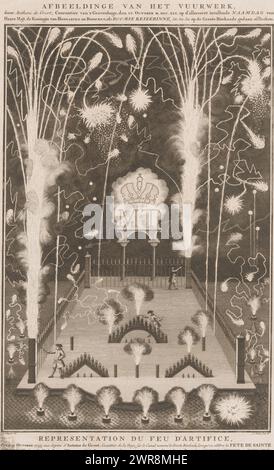 Fireworks set off on October 15, 1745, the name day of Maria Theresia, commissioned by Anthoni de Groot, Image of the Fireworks, by Anthoni de Groot, Courantier van The Hague, the XV October MDCCXLV on the first incoming Name Day of Her Majt. the Queen of Hungary and Bohemia, as Roman Empress (...) on the Groote Bierkaade / Representation du Feu d'Artifice, Tiré le 15 Octobre 1745 (...) (title on object), Description of the main joys activities in The Hague on the occasion of the coronation of His Imperial Majesty Francis I / Description of principal rejouissances, faites à la Haye Stock Photo