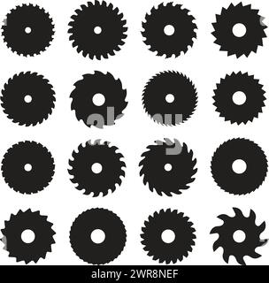 vector set of circular saw blades isolated on white background. black silhouettes of saw blades of different shapes Stock Vector
