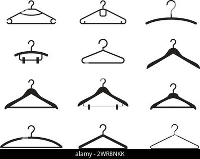 vector set of different clothes hangers isolated on white background. clothes hangers silhouettes Stock Vector