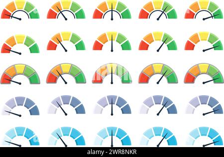vector colorful infographic gauge icons with arrows. Speed dial indicators. Speedometer, tachometer icon. Raiting meter. Internet speed meter. Scale, Stock Vector