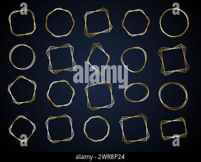 vector set of triple line frames. golden collection of frames, art deco style for wedding invitation and decorative luxury designs Stock Vector