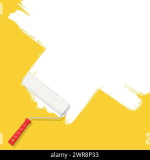 vector roller brush with white paint for text on yellow background for headers, banners and advertising. roller brush, white paint Stock Vector