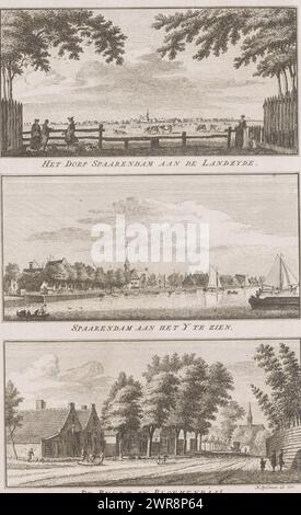 Views of Spaarndam and Bloemendaal, The Village of Spaarendam on the Landzyde / Spaarendam at the Y / De Buurt by Bloemendaal (title on object), Views in the entertaining landsdouwen of Haarlem (series title), Three performances. Above: Meadows with Spaarndam on the horizon. Middle: Spaarndam seen from the IJ. Below: An avenue in Bloemendaal., print maker: Hendrik Spilman, after own design by: Hendrik Spilman, publisher: Jan Bosch (uitgever), Haarlem, 1763, paper, etching, height 305 mm × width 193 mm, print Stock Photo