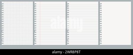 vector illustration of realistic torn sheets of paper. notebook paper with torn edges. blank sheet of white, square and lined paper Stock Vector