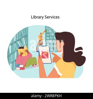 Library interaction concept. People of various ages and races using modern library services, from digital tablets to selecting books in real life. Importance of reading. Flat vector illustration Stock Vector