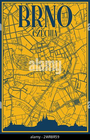 Hand-drawn city road network and skyline poster of the downtown BRNO, CZECH REPUBLIC Stock Vector