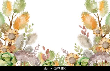 Template nature card. Watercolor frame forest with trees for birthday invite. Jungle background for child invite. Farm design farmland. Stock Photo