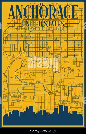 Hand-drawn city road network and skyline poster of the downtown ANCHORAGE, UNITED STATES OF AMERICA Stock Vector