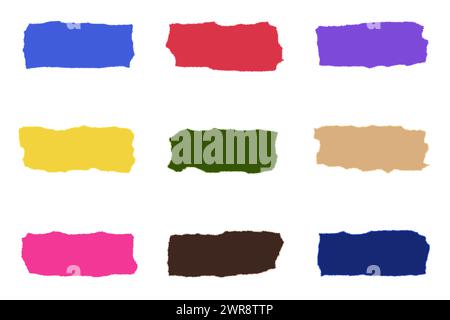 Set of different colored drawn pieces with torn edges, strip blanks for design. Isolated and ready for use. Stock Photo