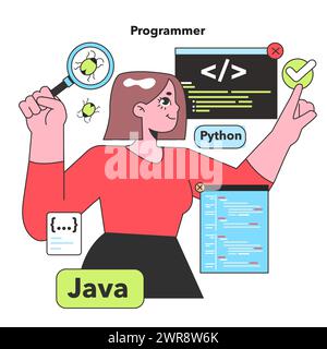 A Programmer deftly examines code for bugs, a metaphor for the meticulous nature of software development, with Python and Java highlighting her versatile skill set Stock Vector