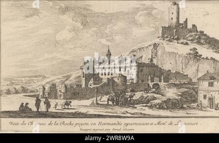 View of the castle of La Roche-Guyon, Veüe du Chateau de la Roche guyon and Normandie appartenant a Monr. de Liencourt (title on object), Diverse faces to nature (series title), Diverses Veües faites sur le Naturel (series title), print maker: Israël Silvestre, after own design by: Israël Silvestre, Lodewijk XIV (koning van Frankrijk), France, 1658, paper, etching, height 120 mm × width 199 mm, print Stock Photo