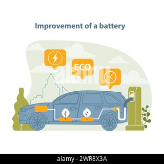 Battery Technology Advancement Illustration. This vector captures the progress in electric vehicle battery life and eco-efficiency, with a focus on innovation and sustainability. Stock Vector