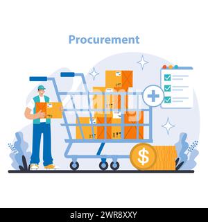 Procurement Process concept. Efficient sourcing and purchasing operations. Managing supply costs and inventory needs. Streamlining order fulfillment and vendor relations. Flat vector illustration. Stock Vector