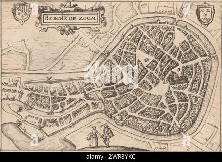 Map of Bergen op Zoom, Berghe op Zoom (title on object), Map of Bergen op Zoom. Top left the coat of arms of the Liège Prince-Bishop Cornelis van Berghen and the title cartouche. Top right the coat of arms of Bergen op Zoom. In the foreground two figures., print maker: anonymous, publisher: Cornelis Claesz., (possibly), publisher: Abraham Maire, (possibly), publisher: Amsterdam, publisher: Calais, publisher: Amsterdam, publisher: Utrecht, 1609 - 1617, paper, etching, engraving, height 166 mm × width 237 mm, print Stock Photo