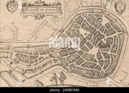 Map of Bergen op Zoom, Berghe op Zoom (title on object), Map of Bergen op Zoom. Top left the coat of arms of the Liège Prince-Bishop Cornelis van Berghen and a title cartouche. Top right is the city coat of arms of Bergen op Zoom. In the foreground two figures. Numbered bottom right: 11., print maker: anonymous, publisher: Willem Janszoon Blaeu, publisher: Johannes Janssonius, Amsterdam, 1612 - 1648, paper, etching, engraving, height 168 mm × width 241 mm, print Stock Photo