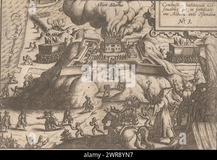 Siege of Ostend: fire in Fort Albertus on November 13, 1601, Combustio habitaculi cell. situdinis sue, in fortificatione Alberti ante Ostendam (title on object), Siege of Ostend: the burning of the Archduke Albrecht's lodgings located in Fort Albertus, November 13, 1601. In the foreground, dismay among the soldiers and a cleric with a crucifix . Top right a cartouche with inscription in Latin. Numbered top right: 3., print maker: anonymous, print maker: Baptista van Doetechum, (possibly), 1601 - 1604 and/or 1615, paper, etching, engraving, height 167 mm × width 241 mm Stock Photo