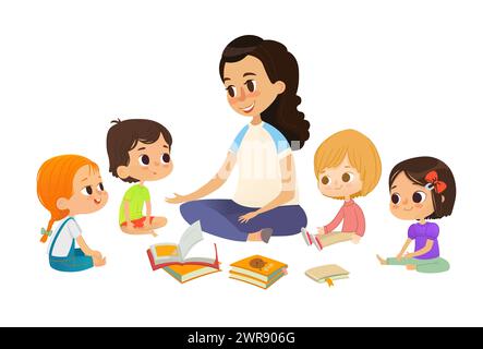 The teacher tells stories and discusses the book, the children sit on the floor in a circle and listen to her. Preschool activities and early childhoo Stock Vector