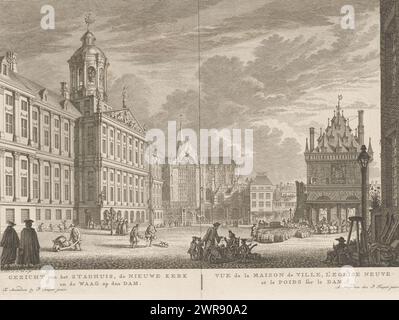 View of the Town Hall, the Nieuwe Kerk and the Waag on Dam Square in Amsterdam, View of the Town Hall, the Nieuwe Kerk and the Waag op den Dam / Vue de la Maison de Ville, l'Eglise Neuve et le Poids sur le Dam ( title on object), View of Dam Square in Amsterdam, seen from the south. On the left the Town Hall, in the middle the Nieuwe Kerk, on the right the Waag. Below the performance the title in Dutch and French. Numbered top right: 3., print maker: Simon Fokke, after own design by: Simon Fokke, publisher: Pierre Fouquet, Amsterdam, 1762 - 1783, paper, etching, engraving Stock Photo