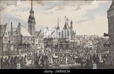View of the Old Town Hall, the Wisselbank, the Nieuwe Kerk and the Waag on Dam Square in Amsterdam, Four buildings in Amsterdam (series title), View of Dam Square in Amsterdam. On the left the Old Town Hall, still with the spire that was demolished in 1615. To the right is the Wisselbank and, in the background, the Nieuwe Kerk. In the middle the Waag. Many people on Dam Square., print maker: Claes Jansz. Visscher (II), Amsterdam, 1611, paper, etching, brush, height 94 mm × width 155 mm, print Stock Photo